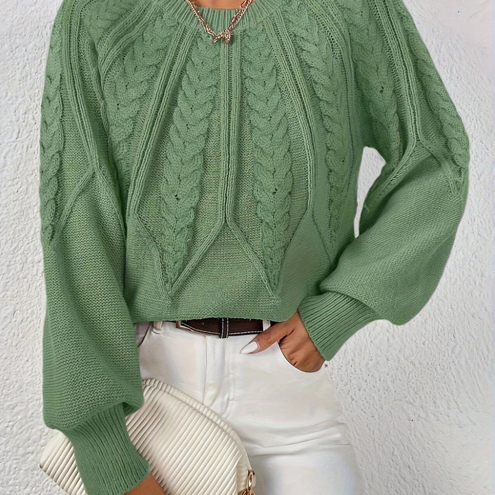 Comfortable women's lantern sleeve cable knit sweater, relaxed fit, for daily wear.