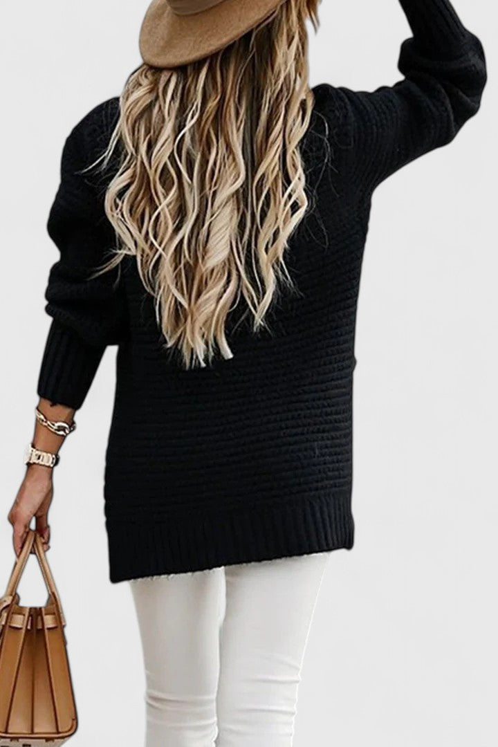 Women's cozy chunky ribbed mock neck sweater in a warm winter knit. Perfect for casual cold-weather style.