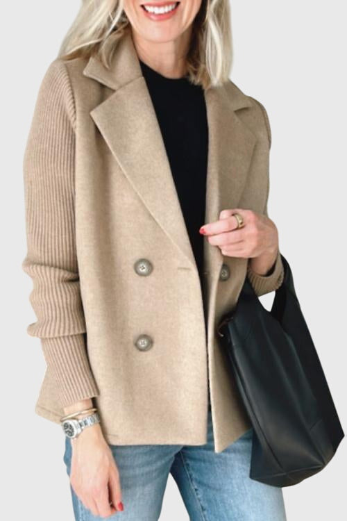 Women's cozy knit blazer featuring a stylish double-breasted front, a versatile tailored jacket for comfort.