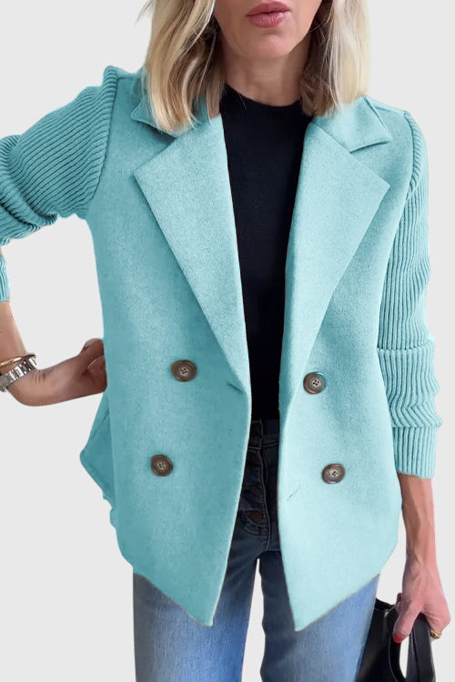 Soft knit women's blazer with a classic double-breasted design, ideal for versatile fashion & comfort.
