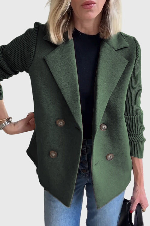 Soft knit double-breasted blazer for women, providing a cozy feel and a flattering tailored fit.