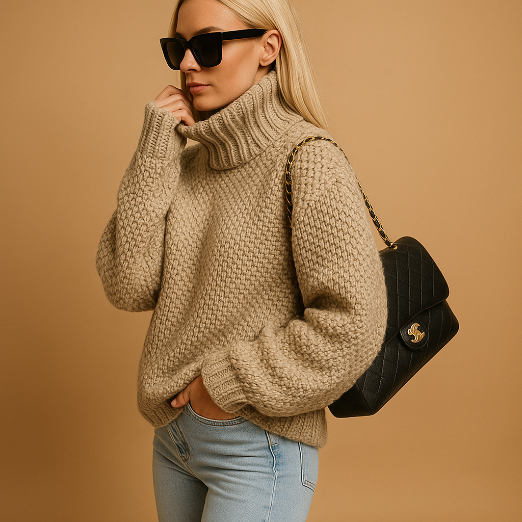 Close-up of a women's cozy knit pullover sweater, showcasing soft texture & elegant long sleeve design.