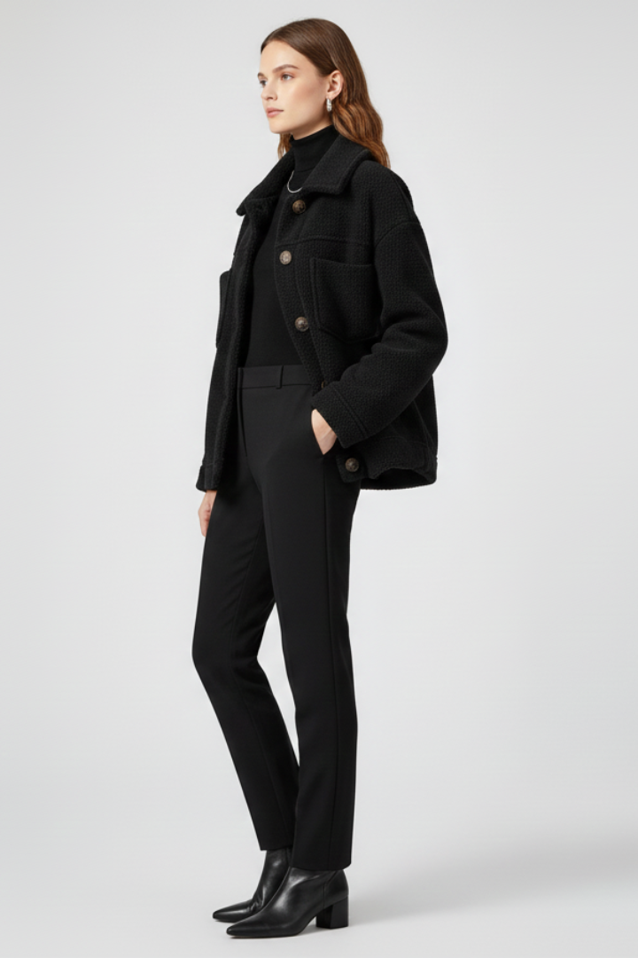Relaxed fit women's fleece jacket with button-up closure & deep pockets. Essential cozy outerwear for casual style.