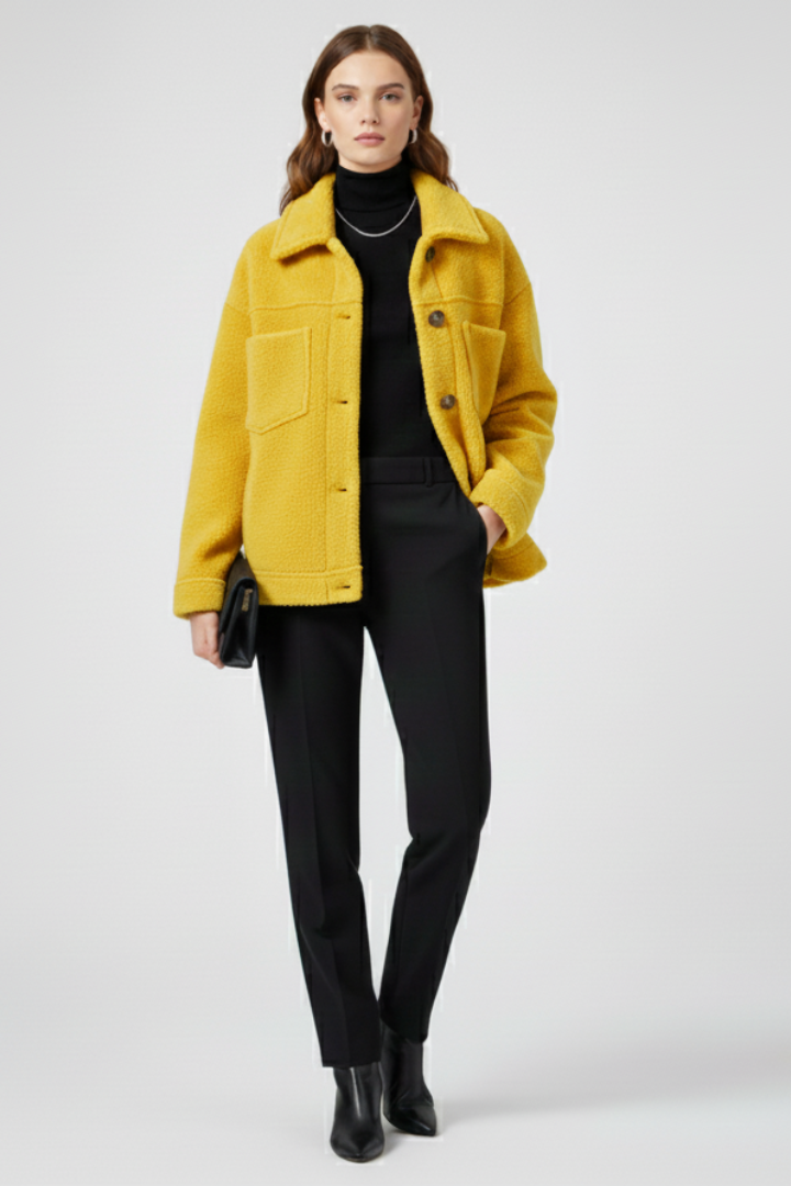 Stylish women's button-up fleece jacket with spacious front pockets. Chic casual outerwear for fall/winter comfort.