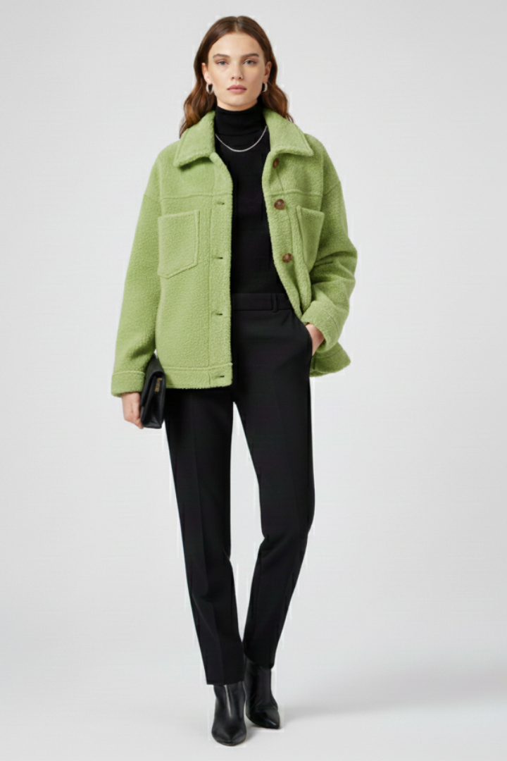 Women's cozy button-up fleece jacket with pockets. Comfortable long-sleeve outerwear, perfect for fall fashion.
