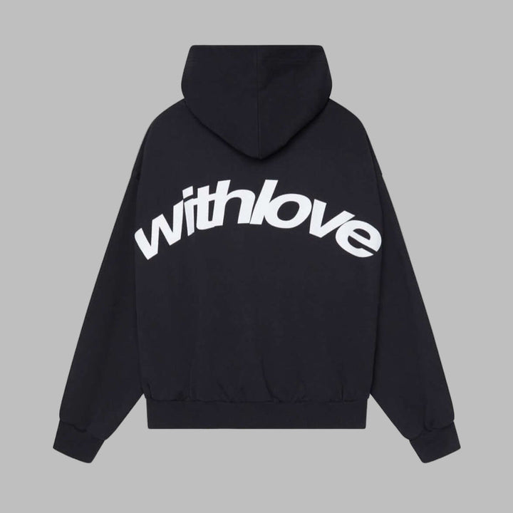 Black and yellow graphic hoodie for women, featuring a relaxed fit. Cozy long-sleeve top for casual style.