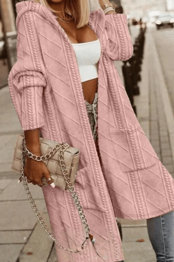 Stylish women's hooded cardigan in a relaxed fit, ideal for fall & winter layering. Versatile casual fashion outerwear.