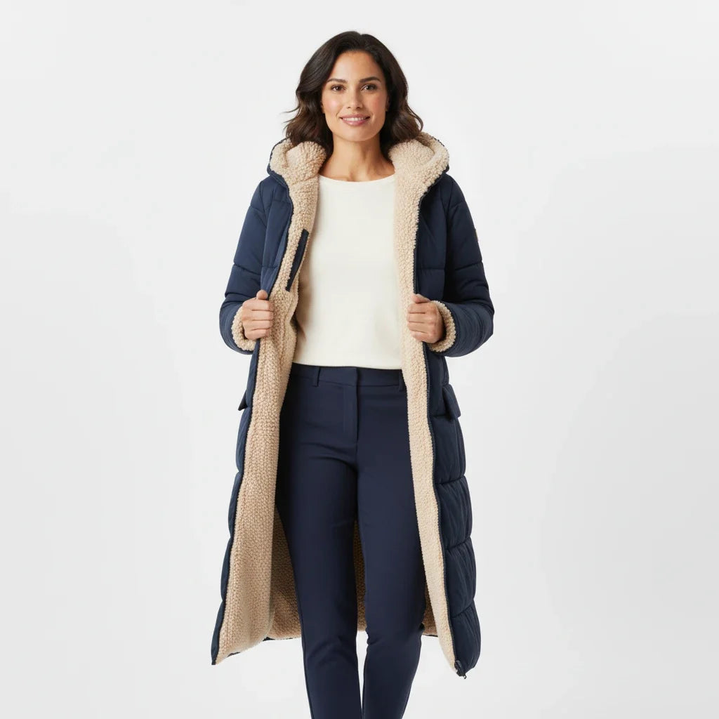Stylish women's winter puffer jacket, a long hooded coat for ultimate cold weather protection.