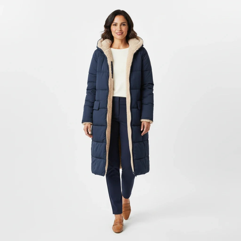 Women's oversized quilted jacket, a cozy hooded puffer for fall winter & cold weather.
