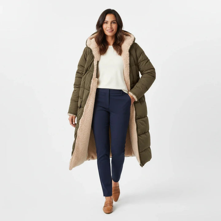 Fall winter women's puffer jacket, hooded & long, perfect for cold weather outerwear.