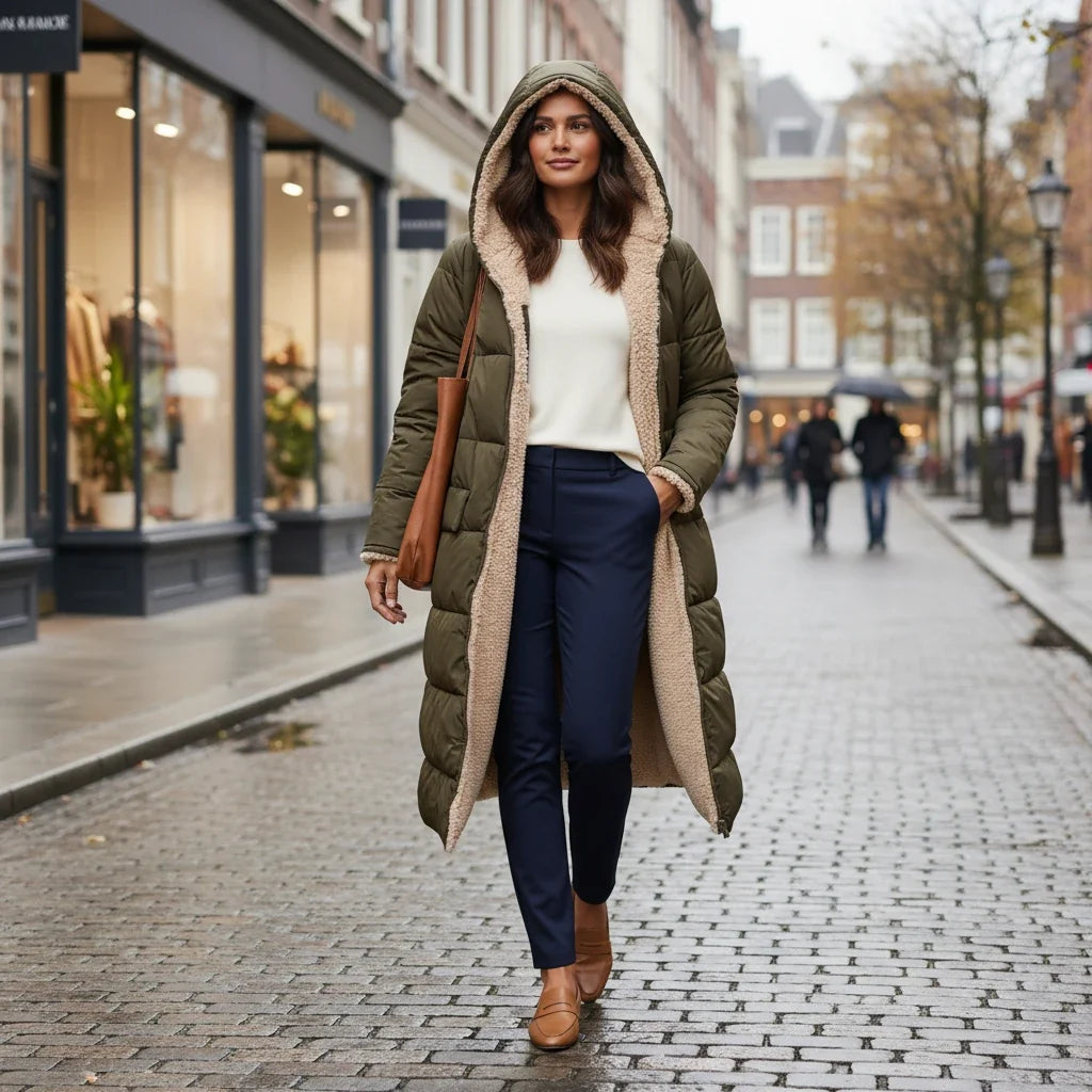 Cozy women's puffer jacket in modern style, a hooded winter essential for warmth.