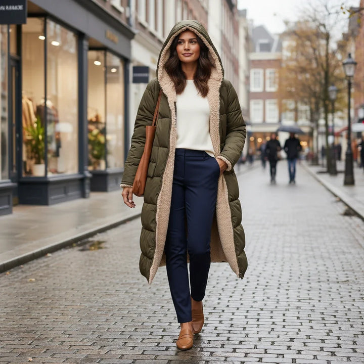 Cozy women's puffer jacket in modern style, a hooded winter essential for warmth.