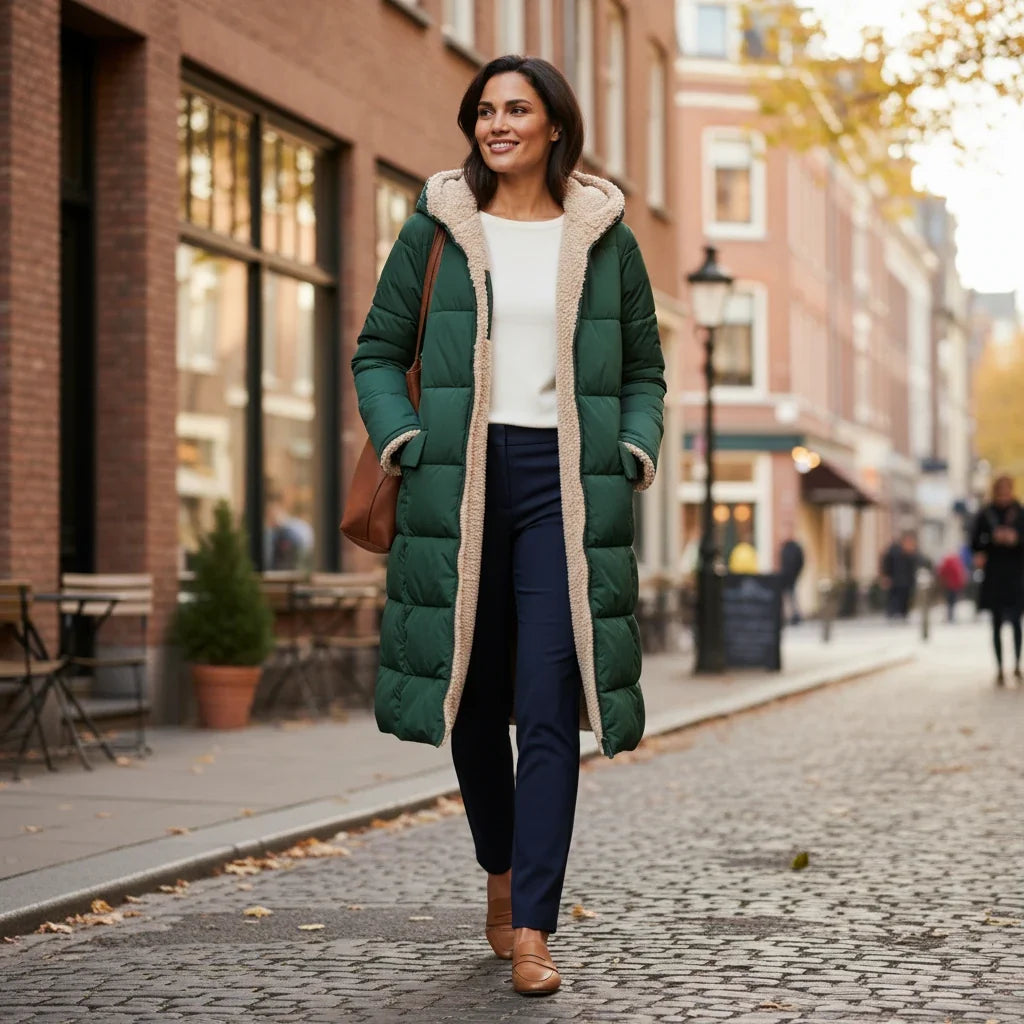 Women's quilted puffer jacket with hood, perfect for cold weather & fashionable winter look.