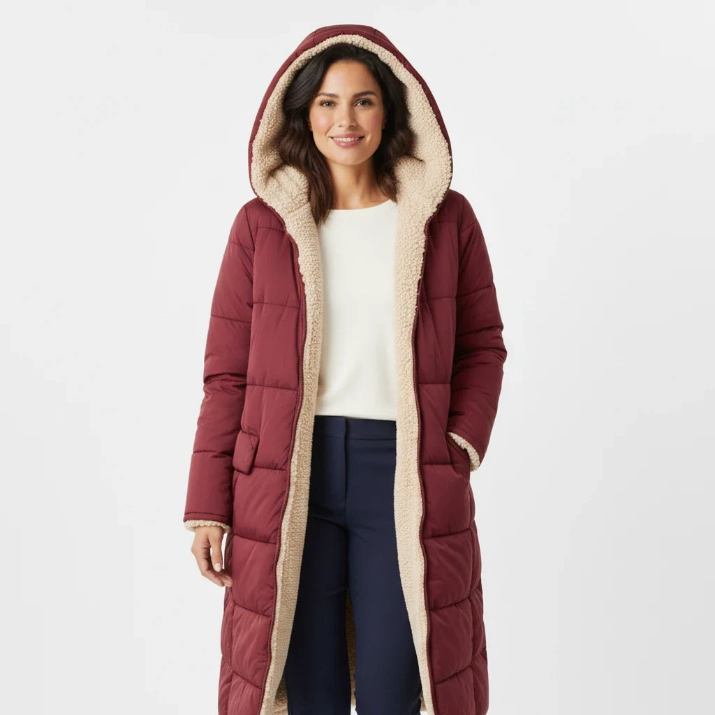 Long women's hooded puffer coat, essential winter outerwear for cozy cold weather style.
