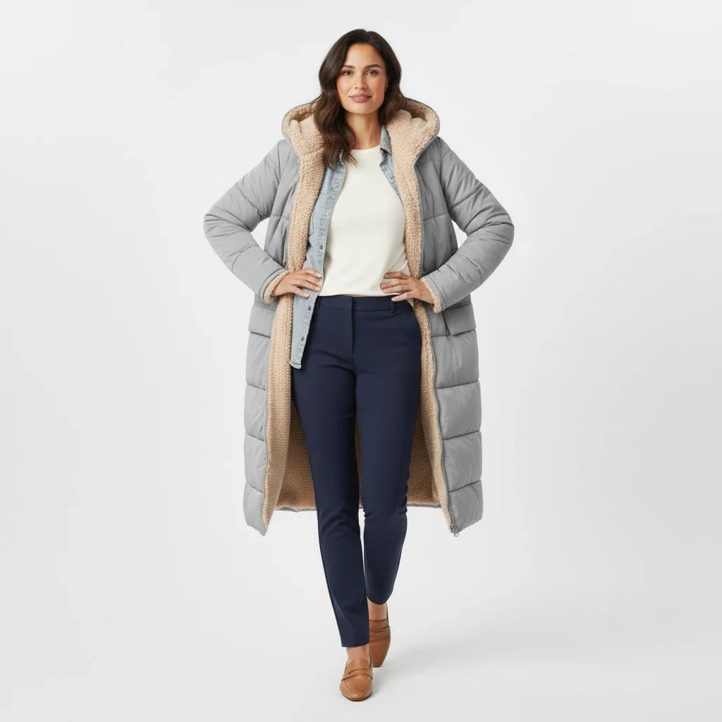 Quilted women's oversized puffer jacket, perfect for cold weather & cozy fall winter style.