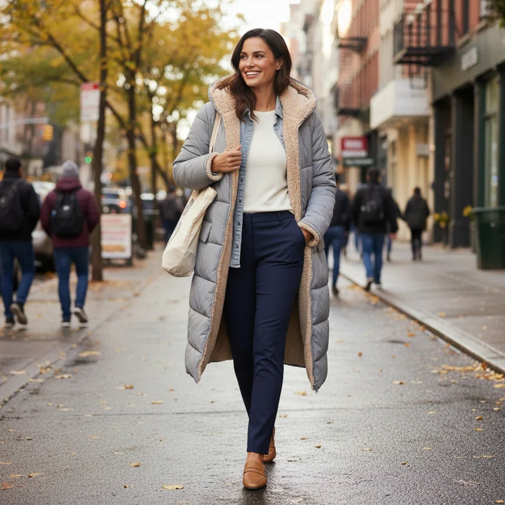 Cozy women's puffer jacket in neutral tone, hooded & perfect for winter fashion.