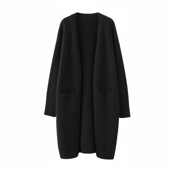 Women's cozy long open front cardigan, perfect for winter layering. Relaxed fit with patch pockets for casual wear.