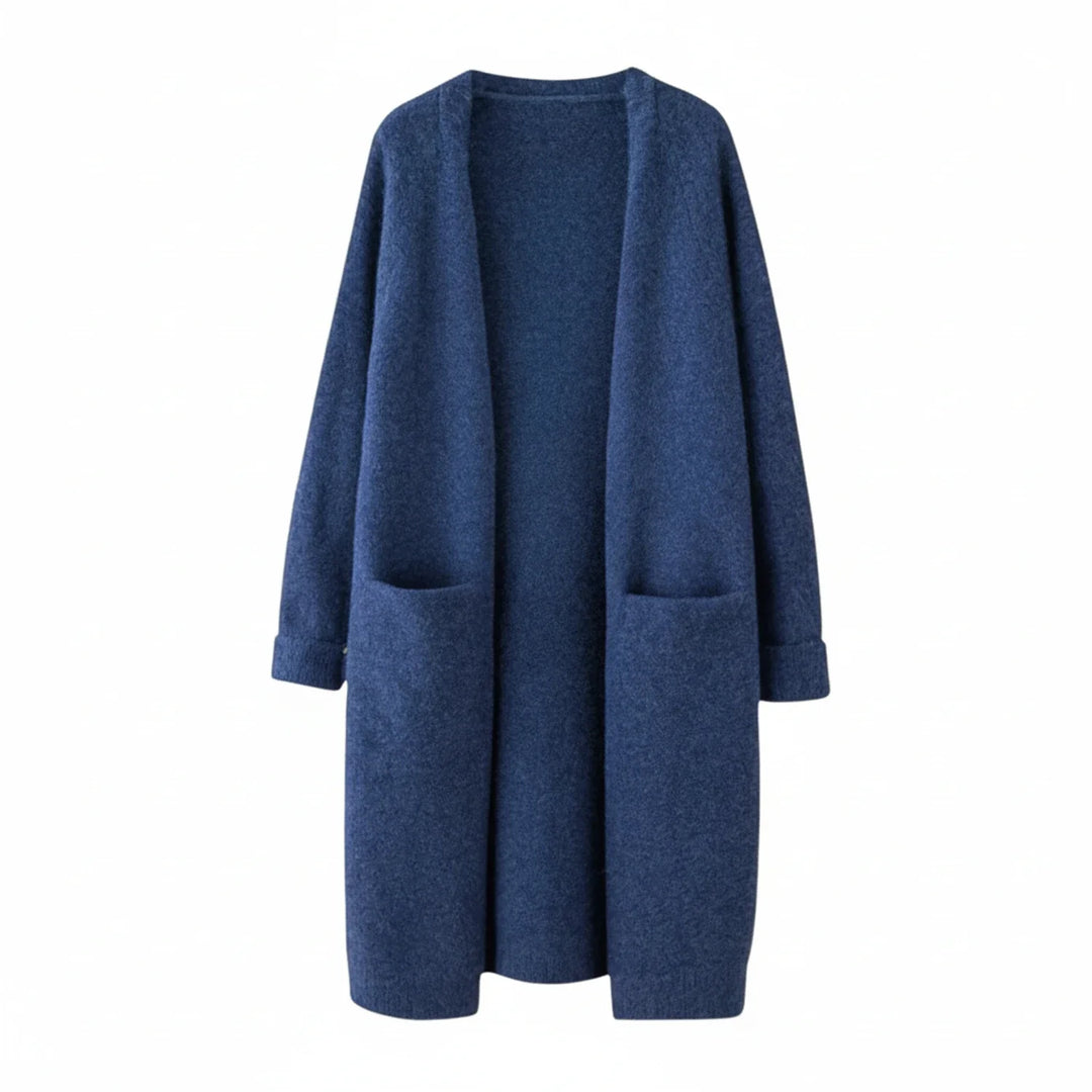 Chic women's extended length open front cardigan, a versatile layering piece for cozy winter style and casual outfits.