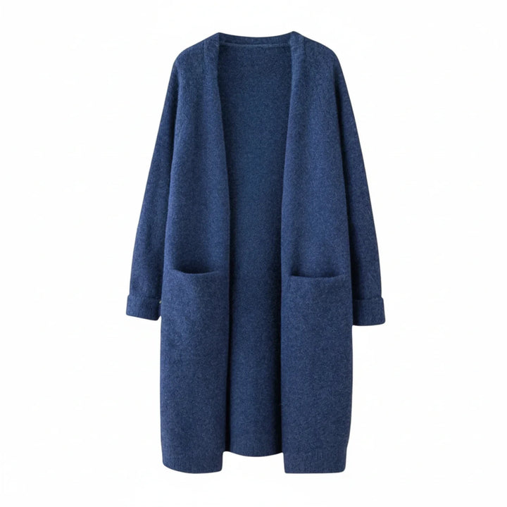 Chic women's extended length open front cardigan, a versatile layering piece for cozy winter style and casual outfits.