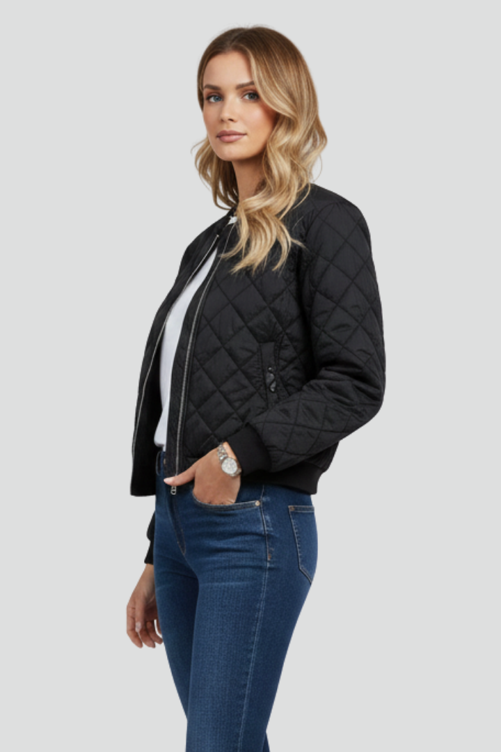 Trendy women's quilted zip jacket for cozy comfort. Ideal for layering, spring/fall fashion & daily casual outfits.