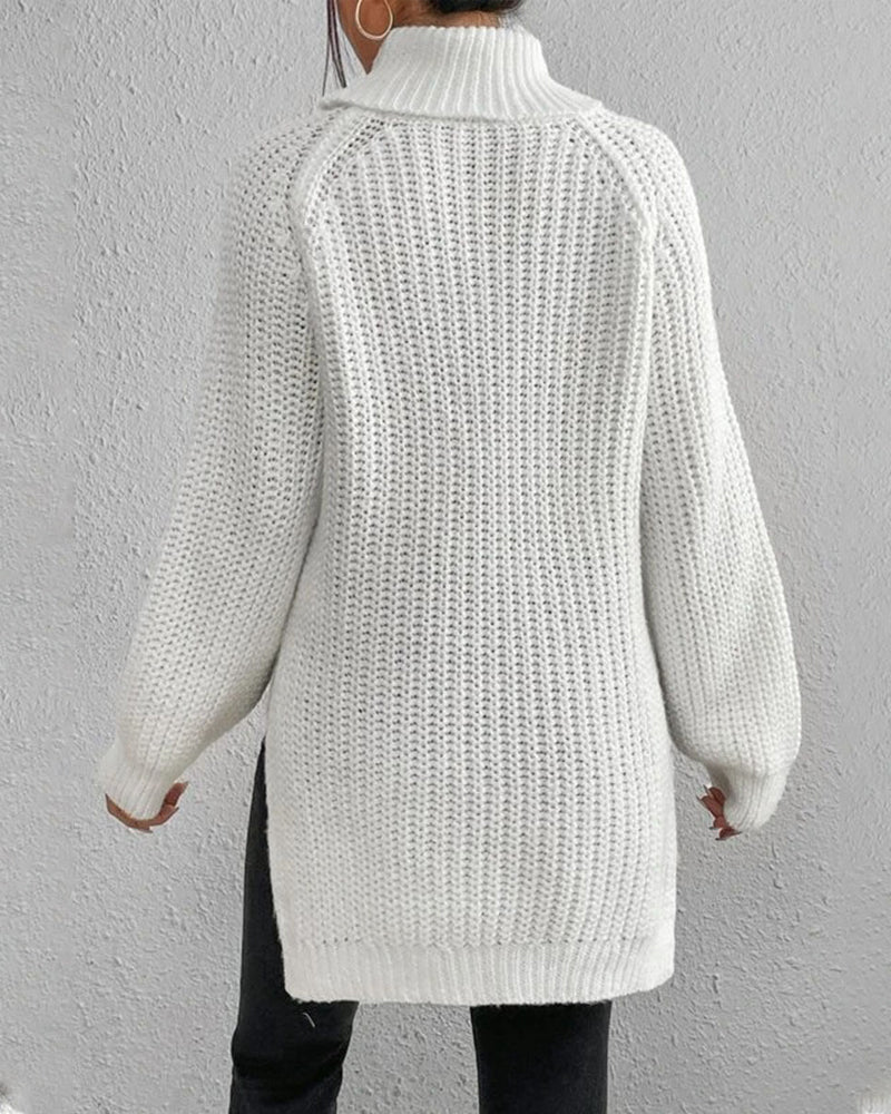 Woman modeling a comfortable and warm ribbed knit pullover, ideal for casual layering in winter.