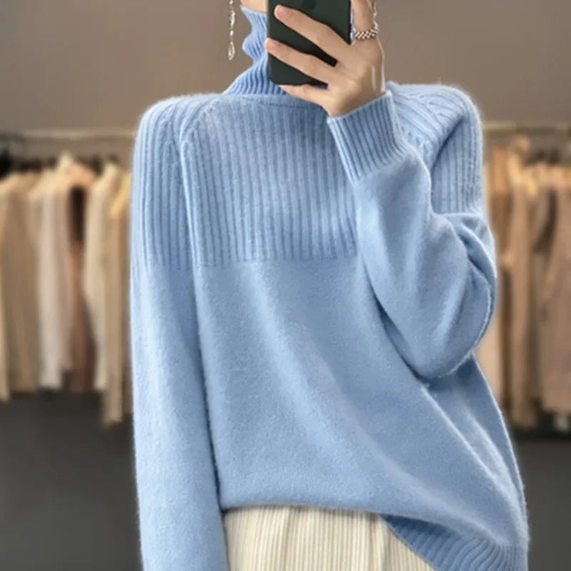 Women's cozy ribbed turtleneck sweater in a soft knit, perfect for winter comfort and casual wear.