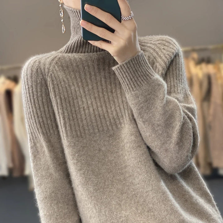Soft, cozy women's ribbed turtleneck sweater, a warm long-sleeve knit pullover for chilly days.