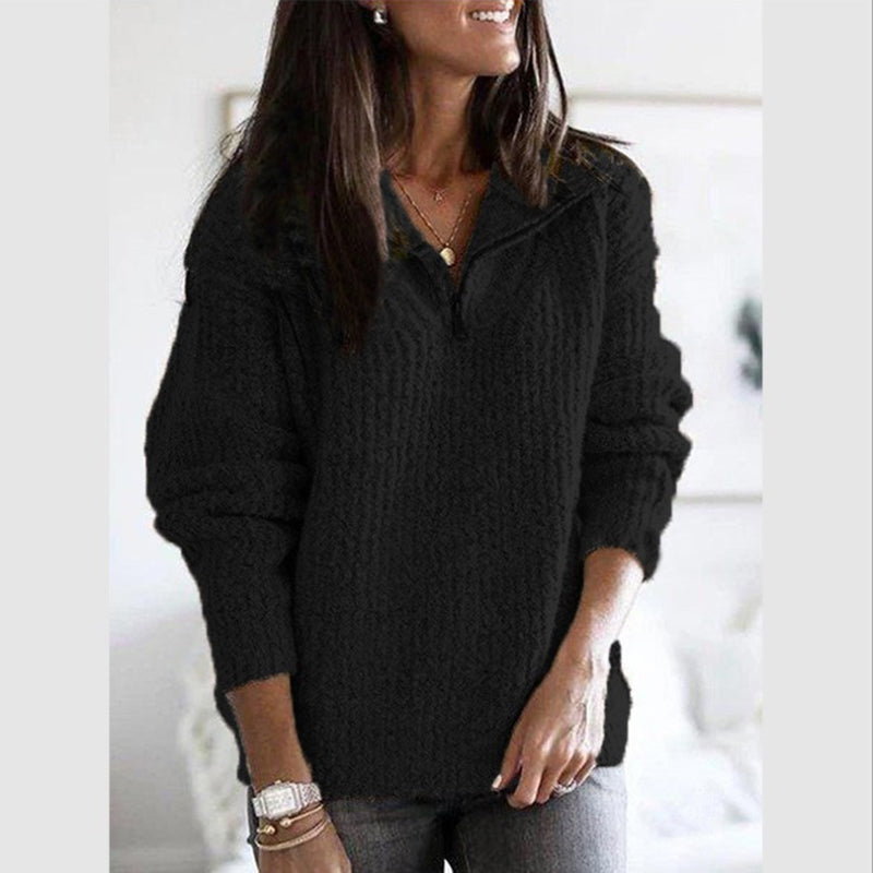Women's cozy ribbed zip-up sweater, dark gray, perfect for winter layering, comfortable knitwear.