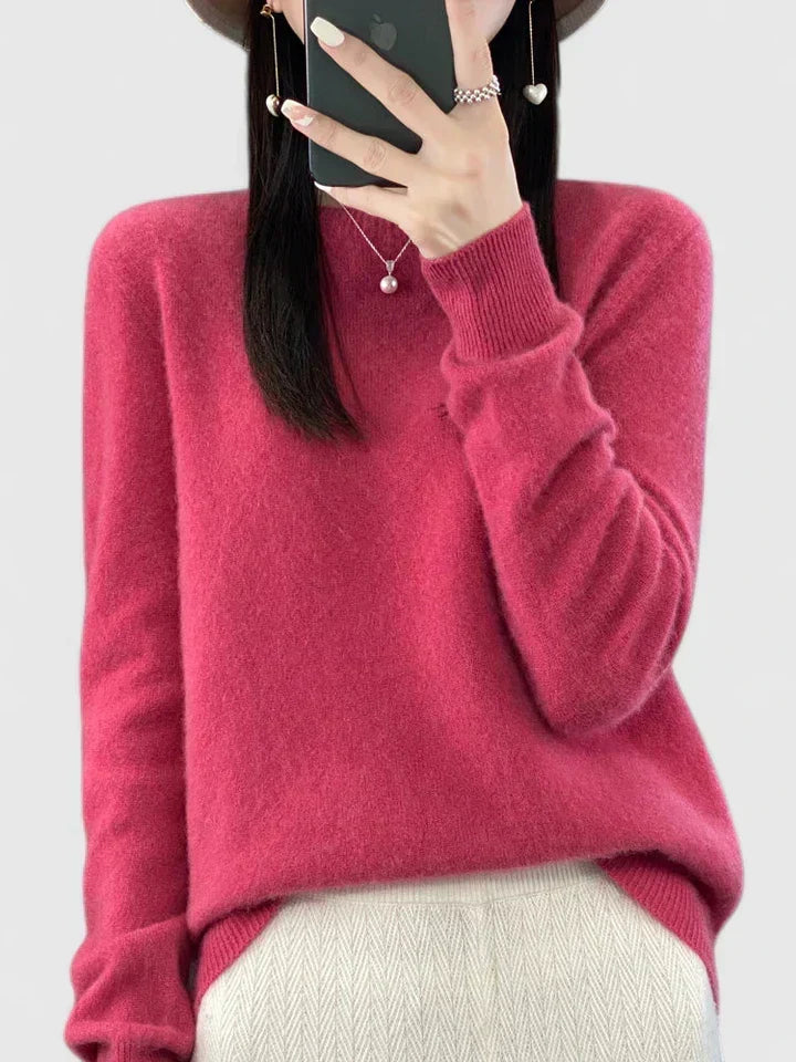 Warm women's cozy round neck pullover sweater, essential for winter wardrobe.