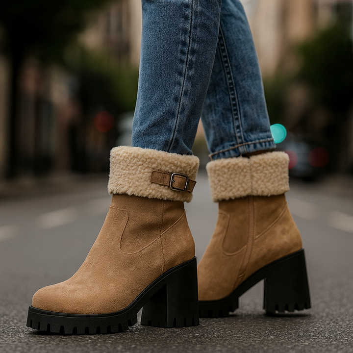 Women's Cozy Sherpa Ankle Boots in a neutral color, perfect for winter fashion and comfort.