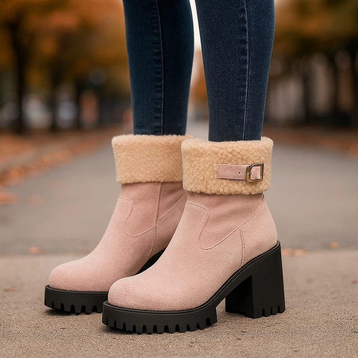 Close-up of a women's sherpa ankle boot, highlighting the soft cozy lining and durable sole.