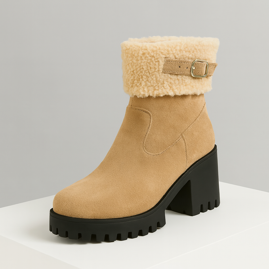 Pair of women's cozy sherpa ankle boots with a practical block heel for stability.