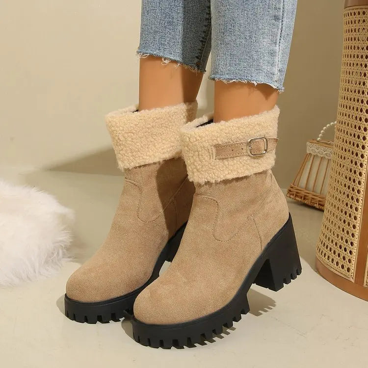 Orthopedic women's ankle boots featuring a cozy sherpa lining and stylish block heel.
