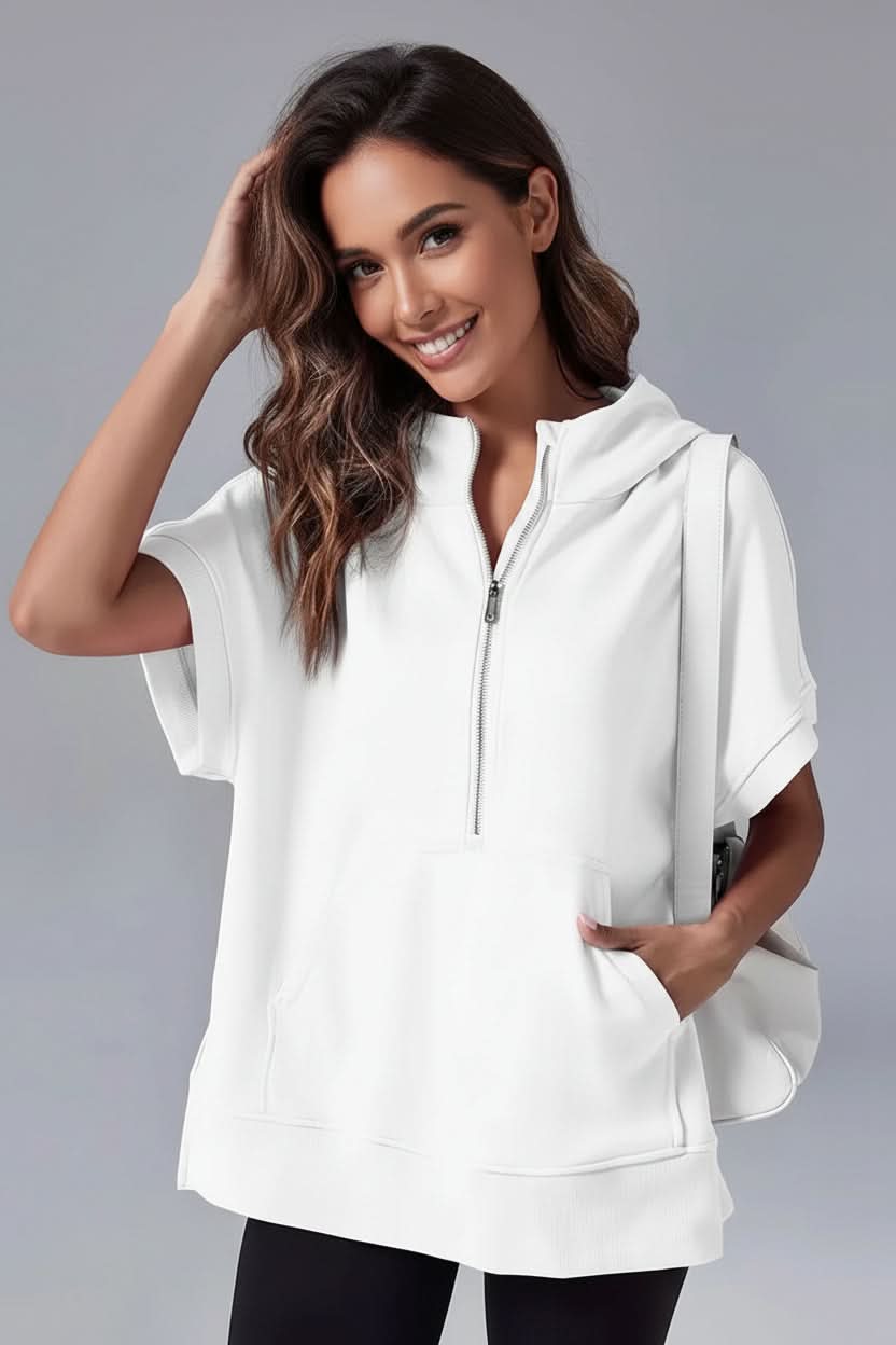 Versatile women's short sleeve hoodie with half zip, relaxed fit, great for casual outings or comfortable loungewear.