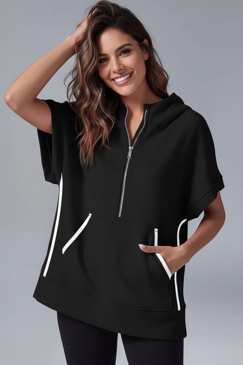 Cozy women's pullover short sleeve half-zip hoodie, relaxed fit, perfect for comfortable and easygoing style.