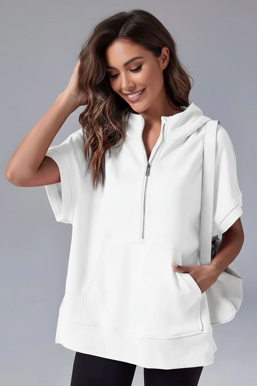 Everyday women's short sleeve hoodie, half zip, relaxed fit, providing cozy comfort for casual wear.