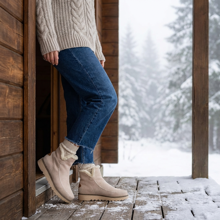 Warm women's slip-on ankle boots with arch support and shock absorbing sole for ultimate winter comfort.