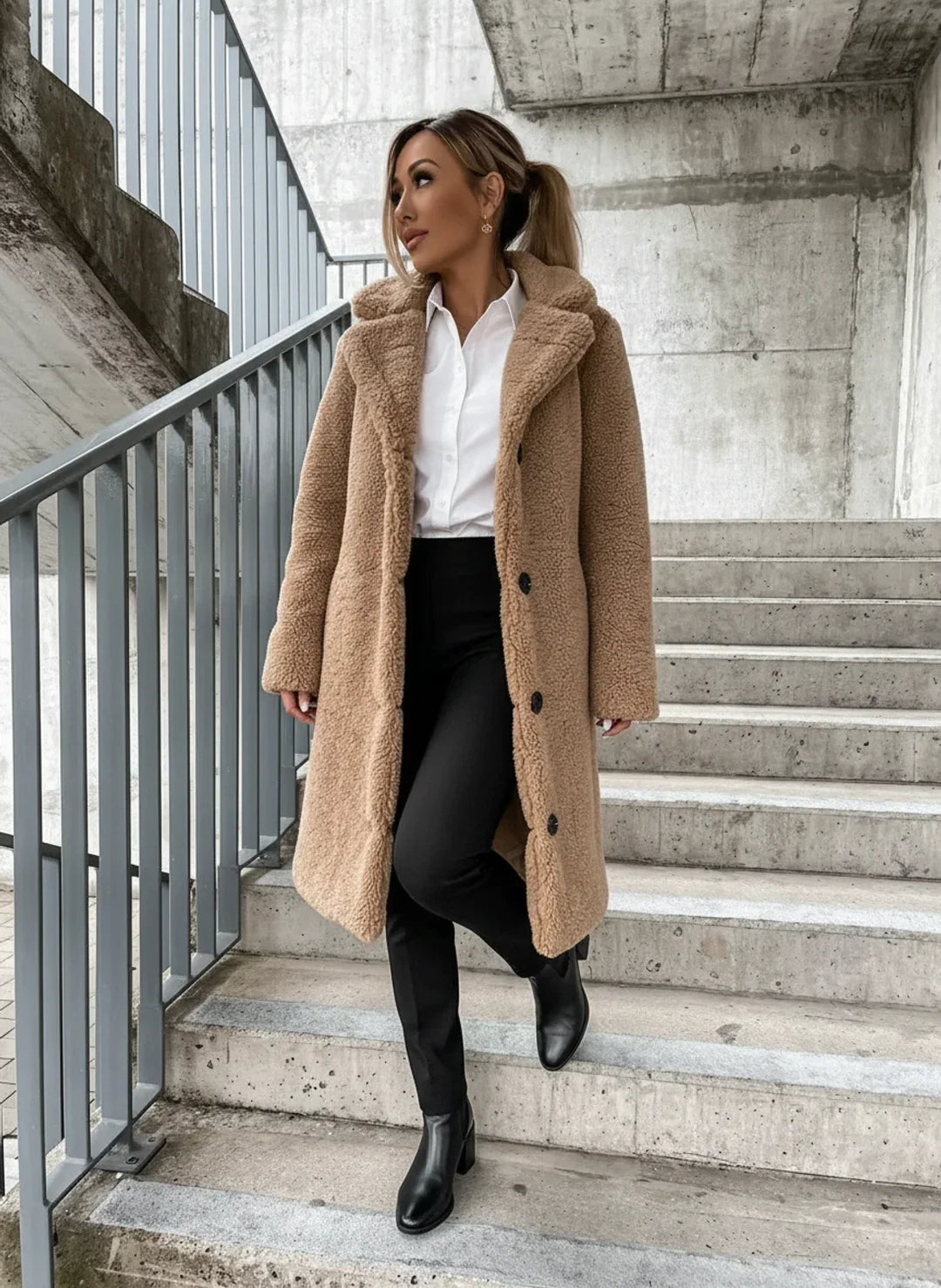 Women's cozy teddy long coat, perfect for winter warmth & fall fashion. Features button front closure & chic style.