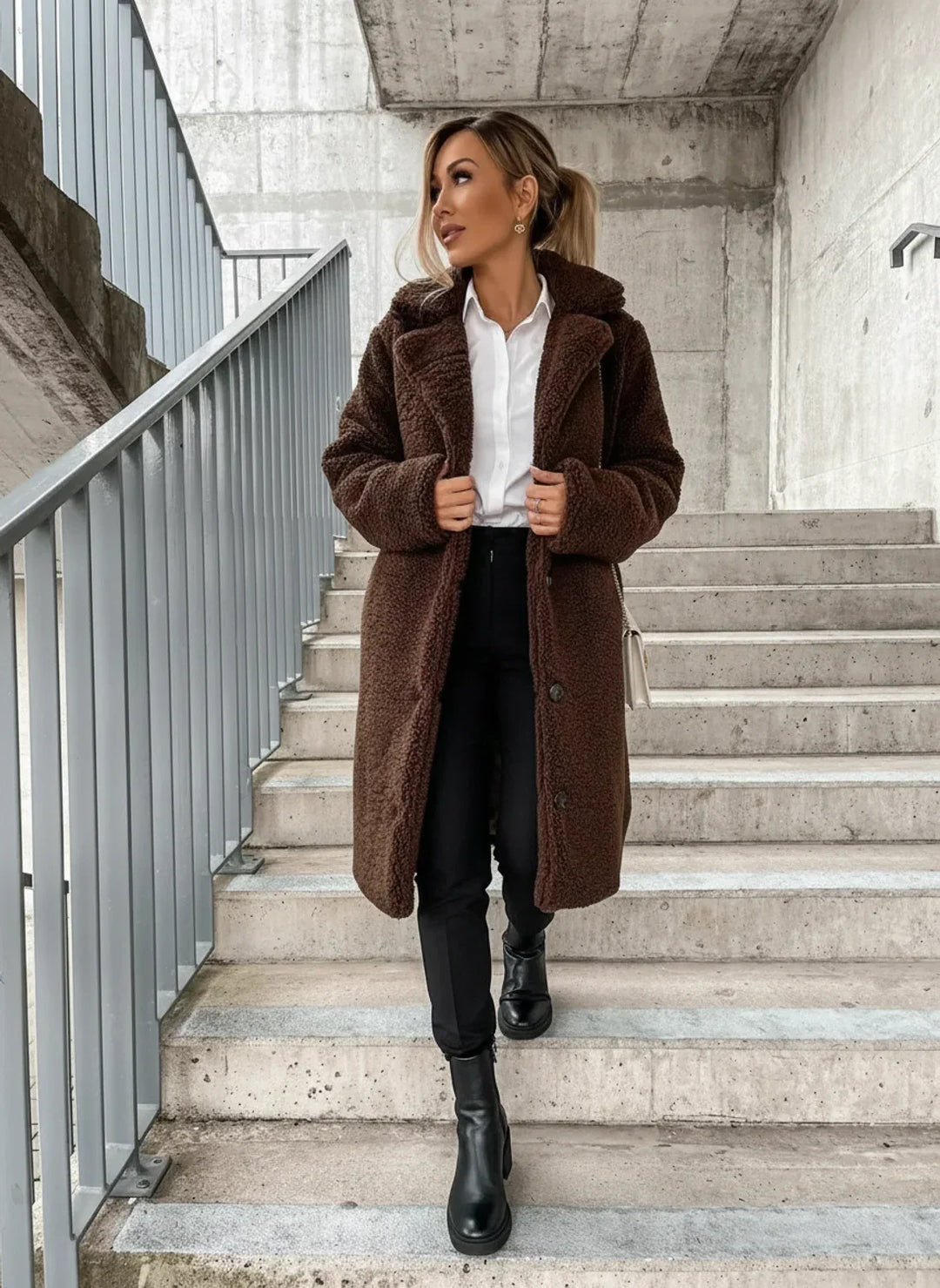 Chic women's long teddy coat with a button front, providing cozy warmth for winter & stylish outerwear for fall.