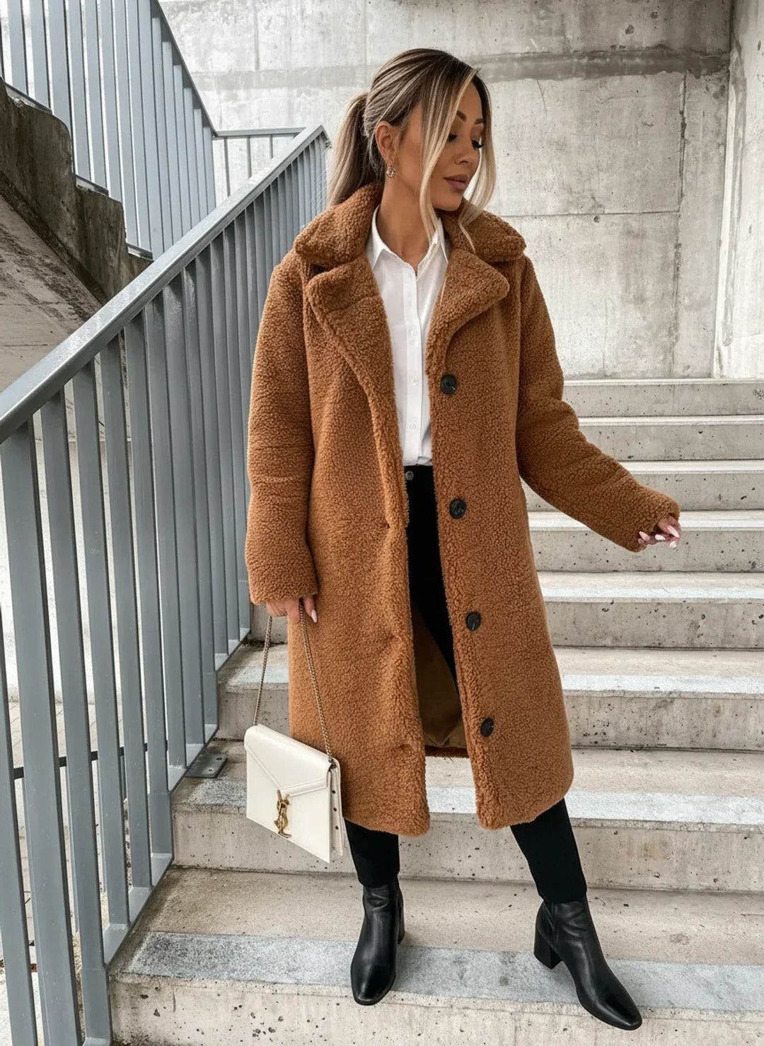 Women's long teddy coat, a cozy & warm winter jacket. Perfect elegant outerwear for fall fashion & casual style.