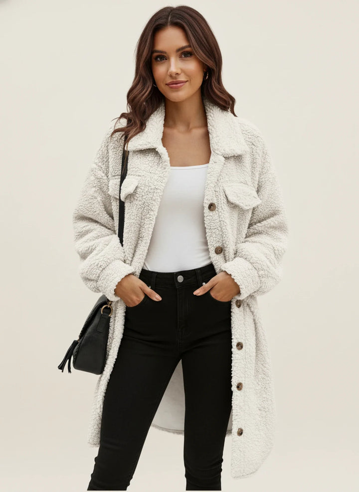 Warm women's winter teddy jacket, oversized fit, versatile casual layering piece.