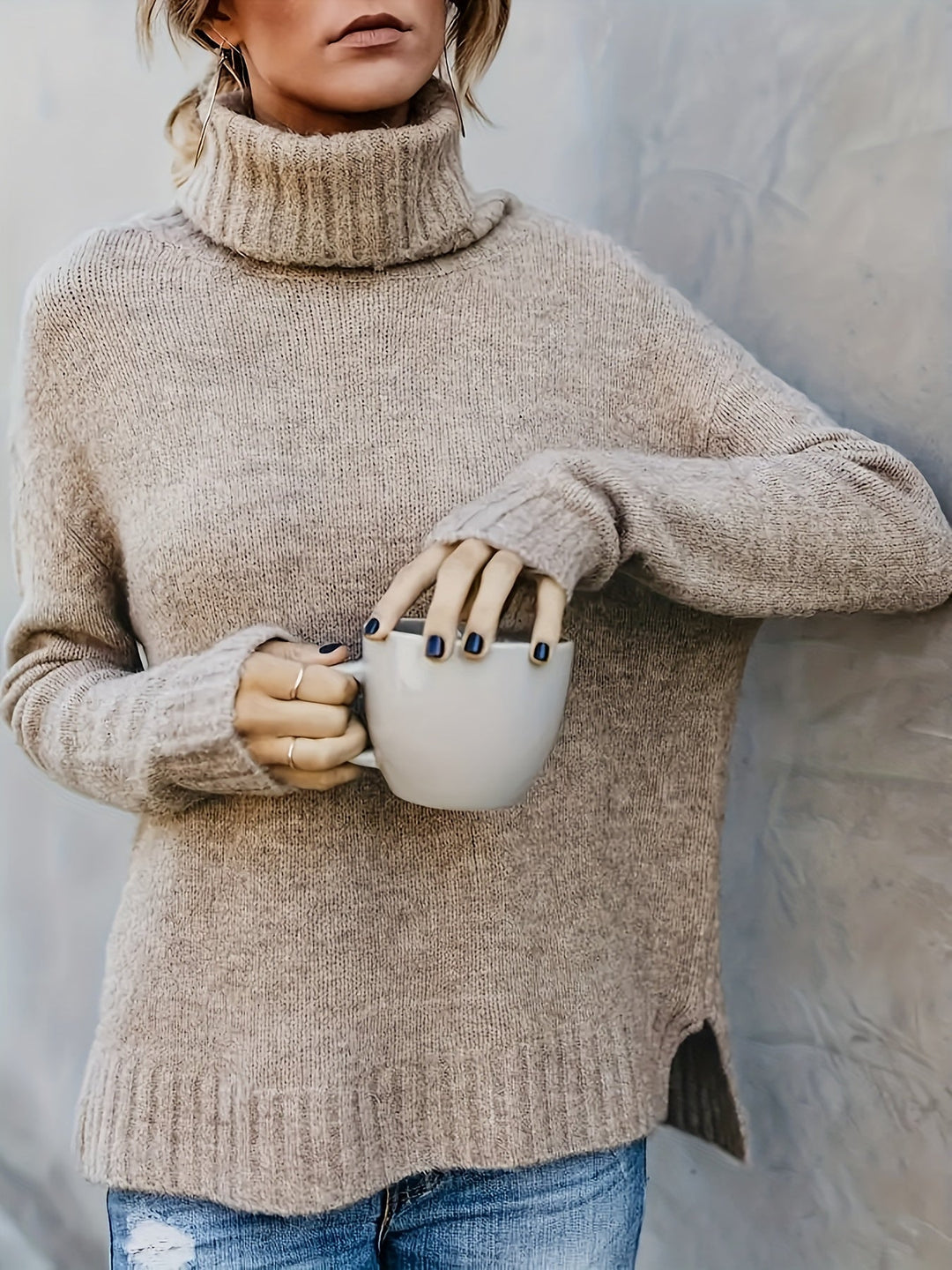 Chic women's turtleneck sweater, cozy knit, long sleeve, easy casual fall style.