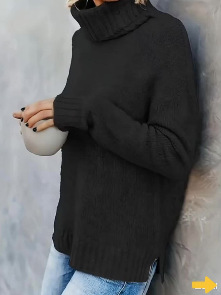 Soft women's cozy knit turtleneck sweater, relaxed fit, perfect for everyday wear.