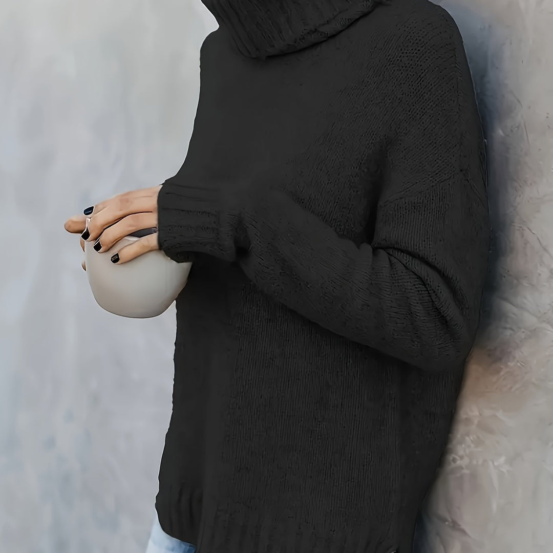 Cozy women's winter wear turtleneck sweater, comfortable knit, relaxed fit, versatile.