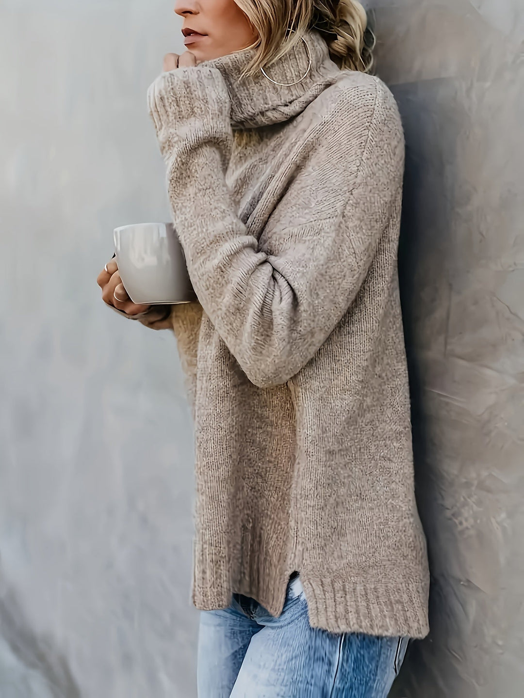 Fall fashion women's cozy knit turtleneck sweater, relaxed fit, comfortable everyday top.