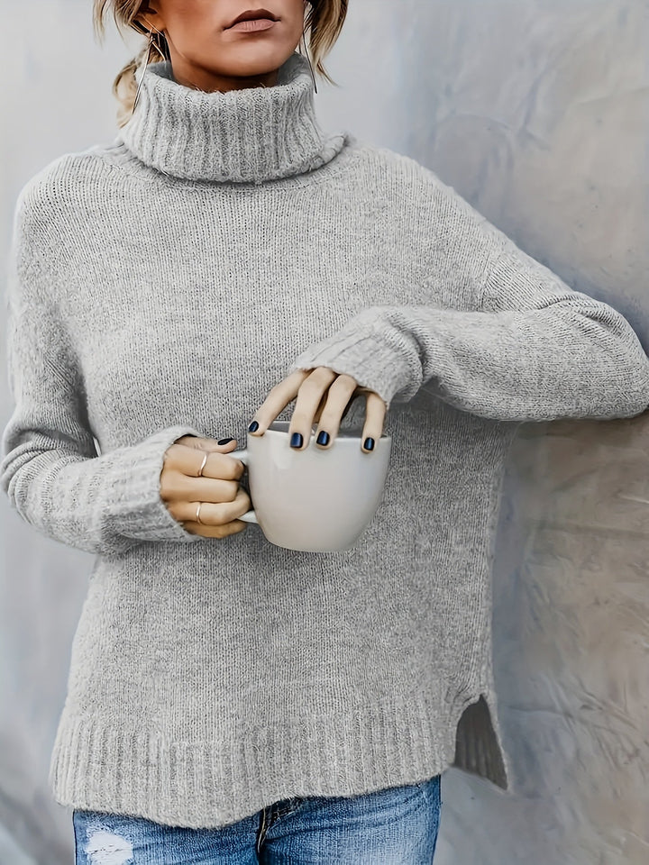 Warm women's cozy knit turtleneck sweater, long sleeve, perfect for chilly fall days.