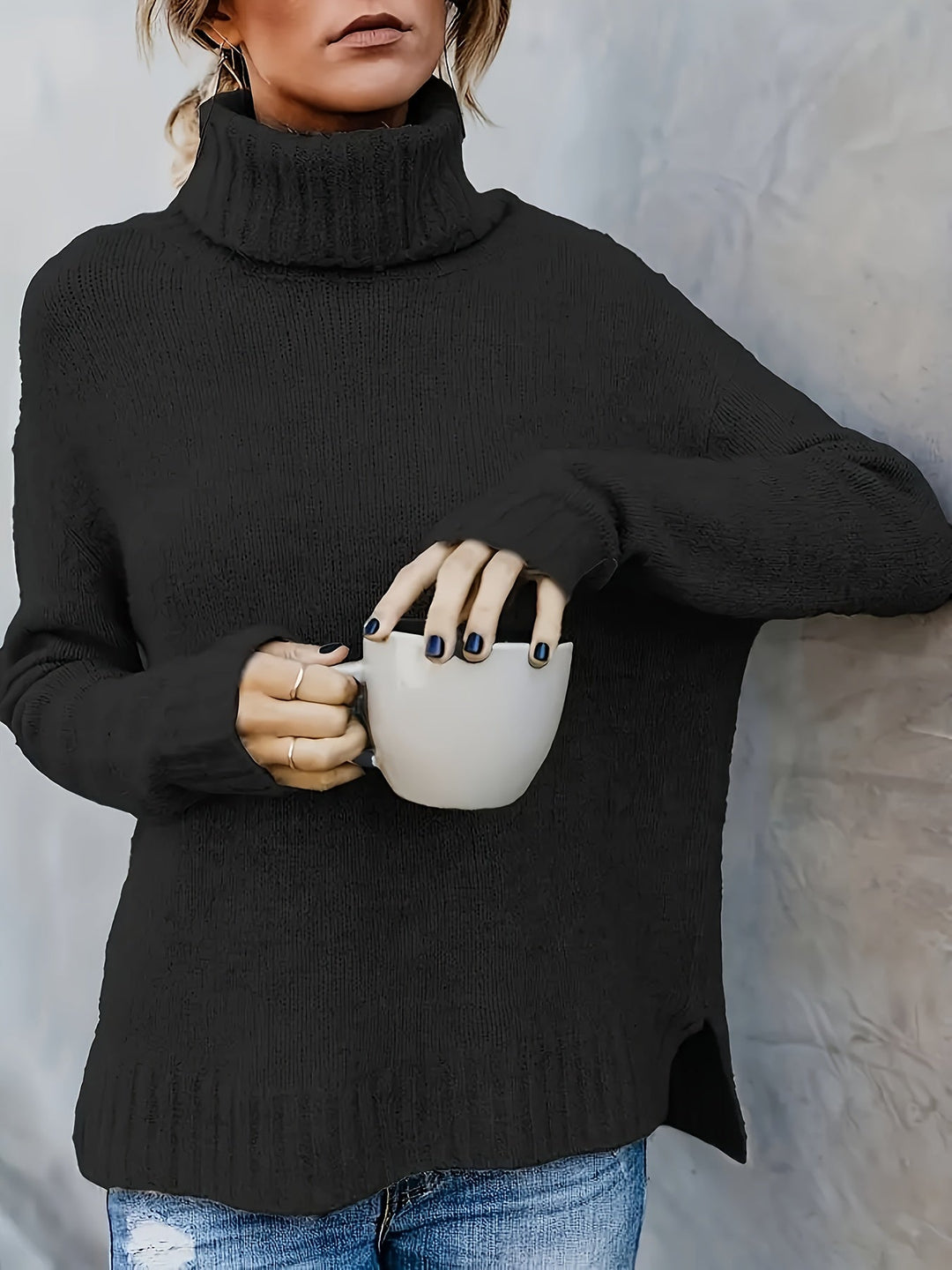 Women's comfortable fall turtleneck sweater, cozy knit, long sleeves, versatile style.