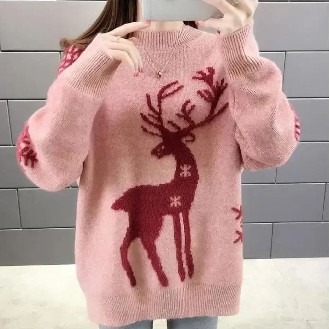 Casual women's long sleeve crewneck sweater with an intricate reindeer knit design, warm and cozy
