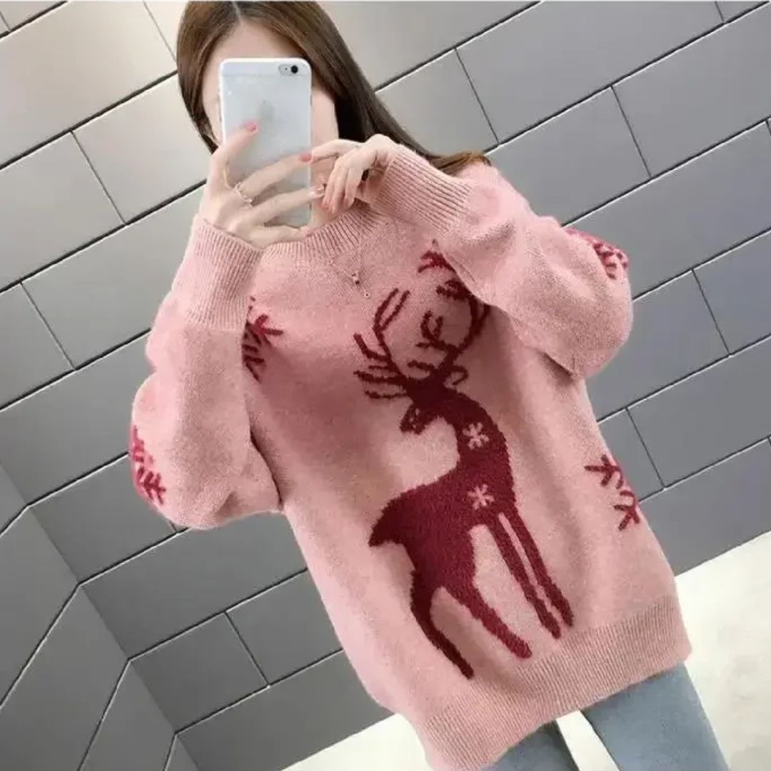 Holiday-themed women's winter knitwear, a comfortable sweater with a charming reindeer pattern