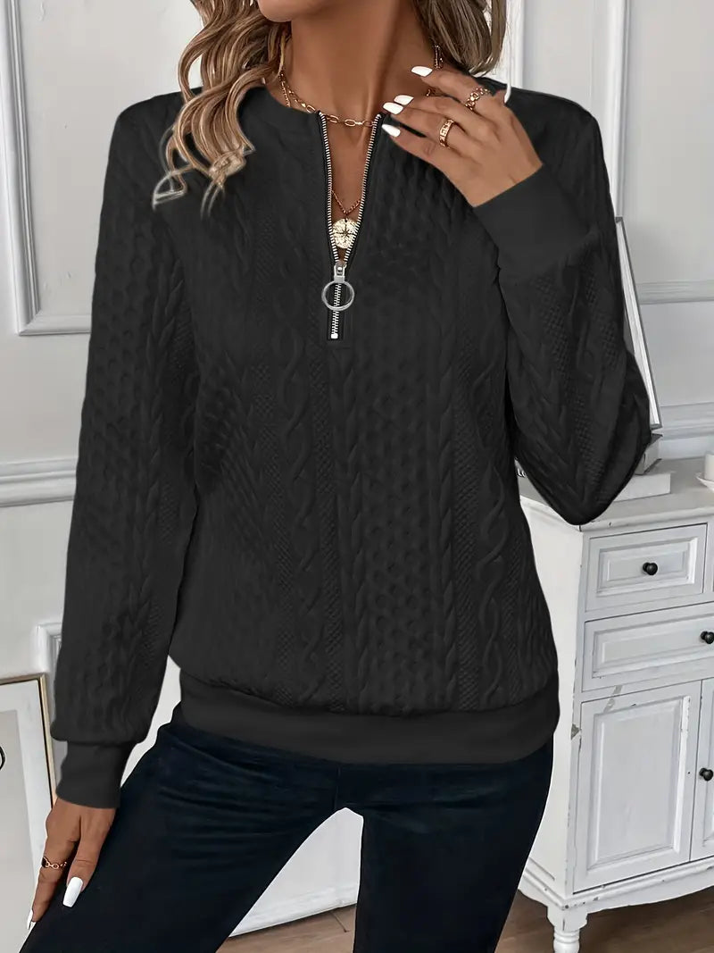 Versatile women's zippered sweater, comfortable knit for stylish layering.